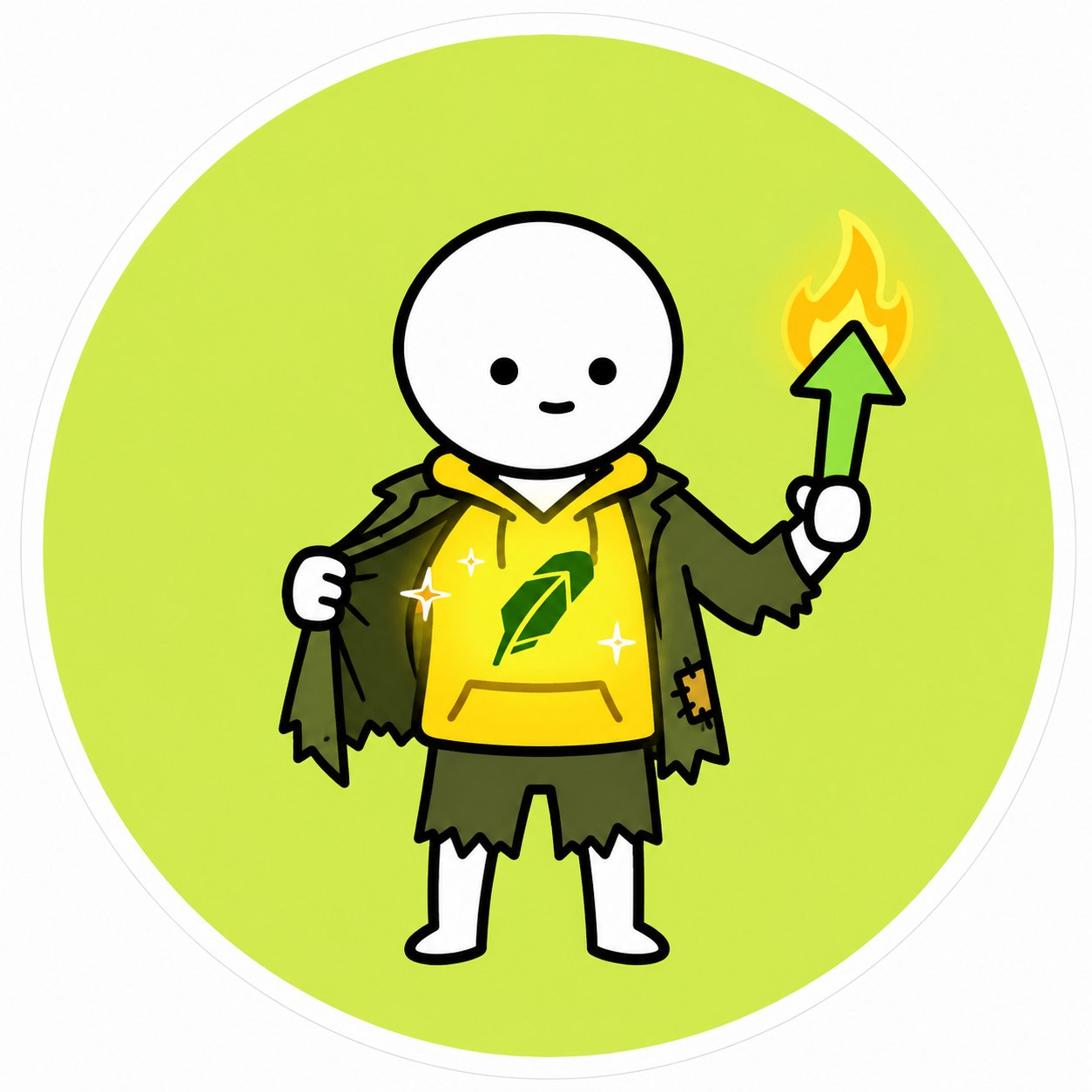 Simple round-headed mascot revealing a bright hoodie and holding a flaming green arrow